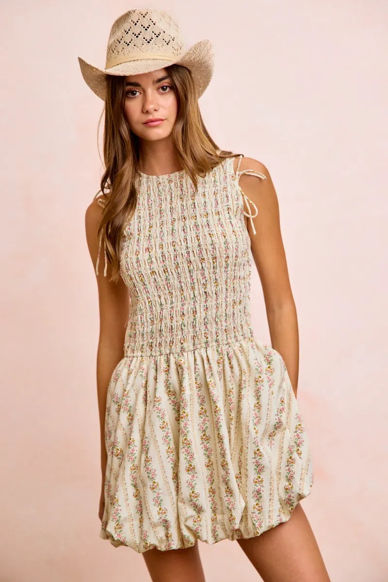 BiBi Floral Bow Tie Attachable Puff Sleeves Dress - IVORY / S