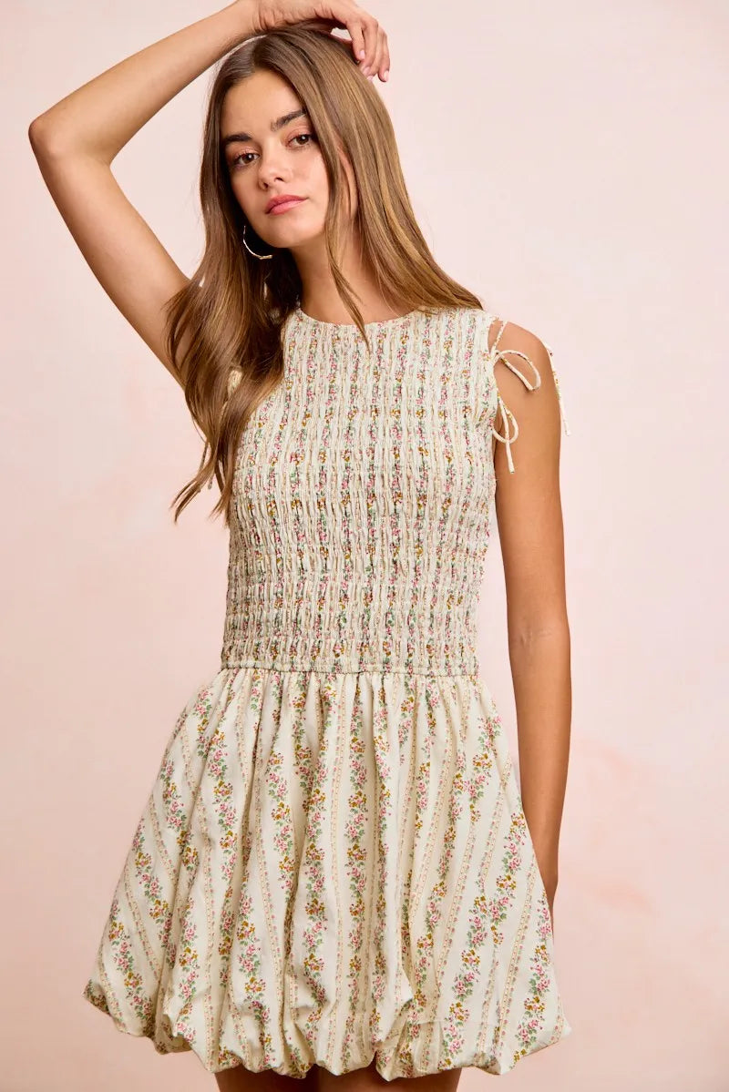BiBi Floral Bow Tie Attachable Puff Sleeves Dress - IVORY / S