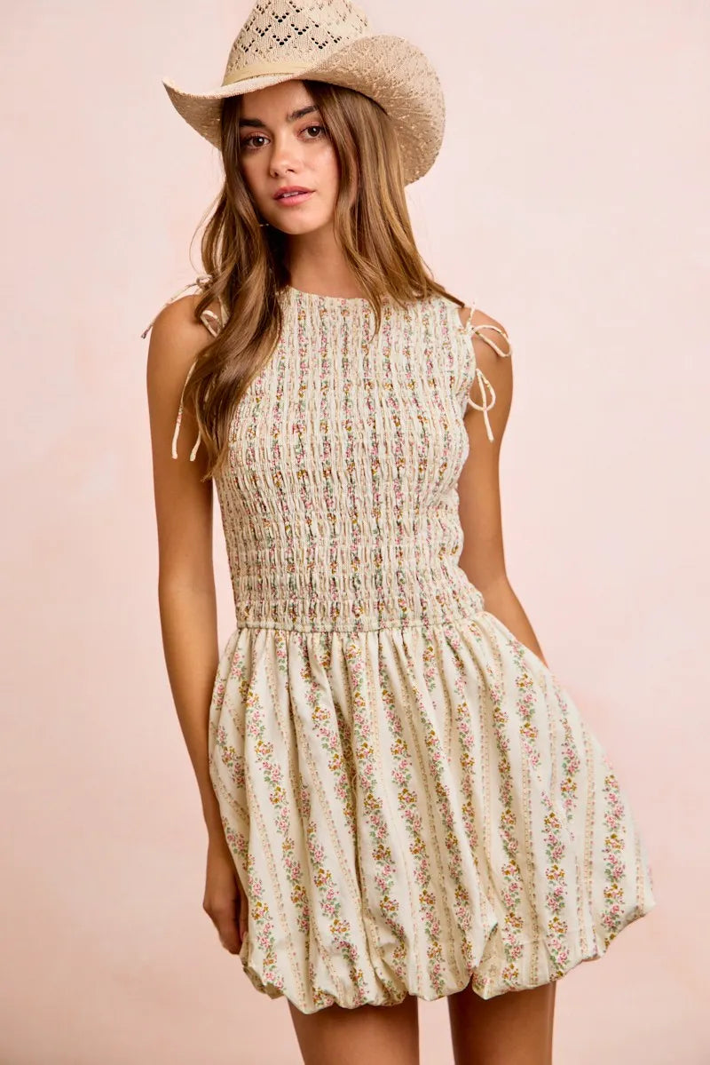 BiBi Floral Bow Tie Attachable Puff Sleeves Dress - IVORY / S