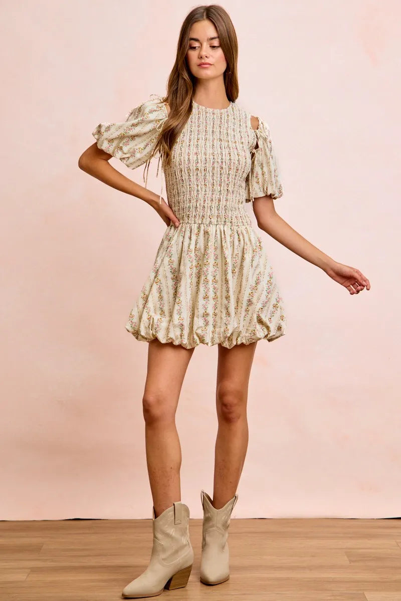 BiBi Floral Bow Tie Attachable Puff Sleeves Dress - IVORY / S
