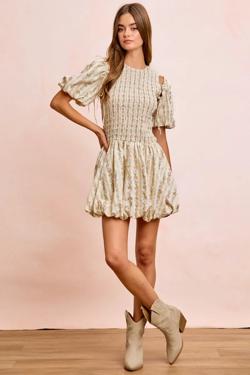 BiBi Floral Bow Tie Attachable Puff Sleeves Dress - IVORY / S