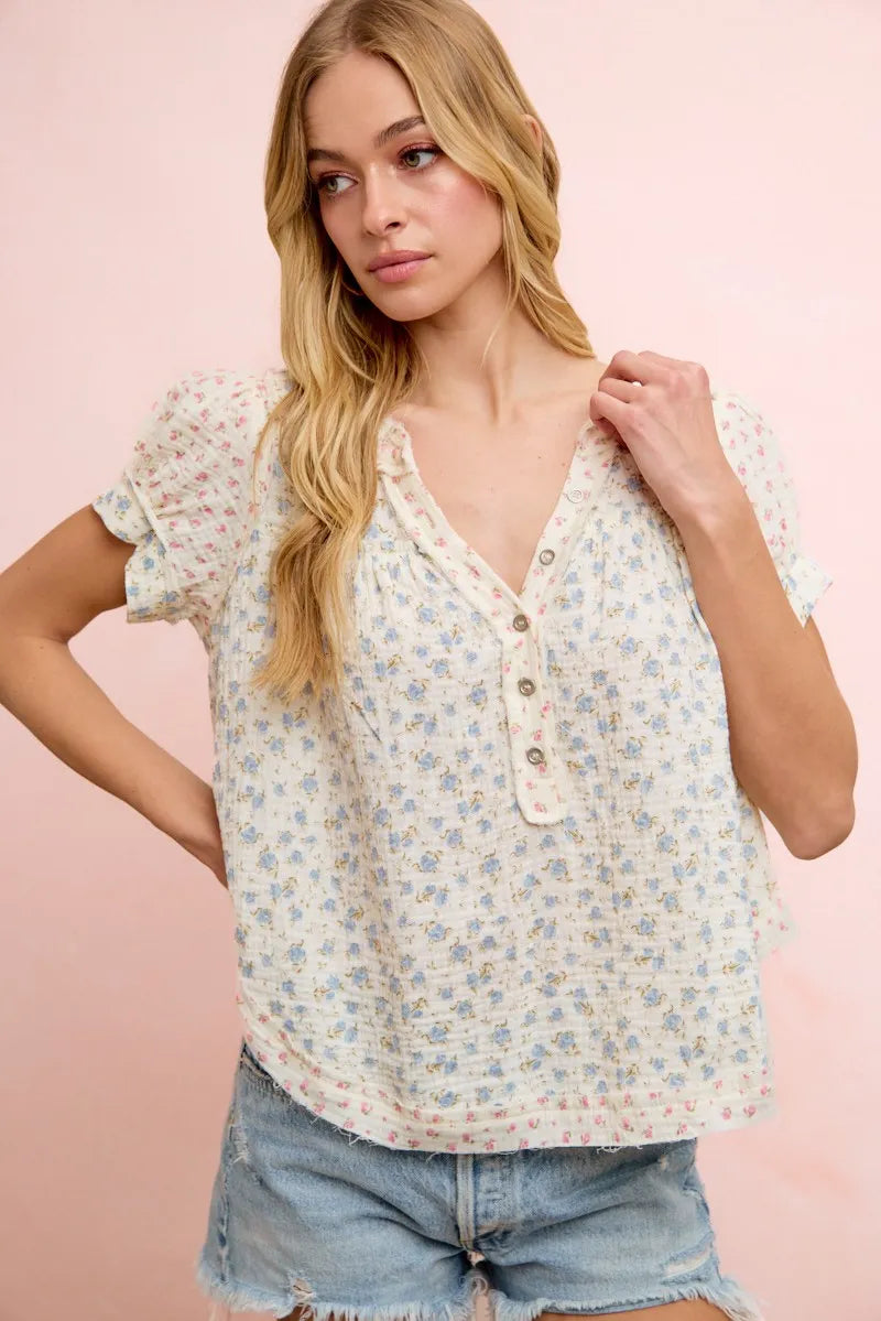 BiBi Floral Crinkle Neckdrop Short Sleeve Blouse Top - Floral / S