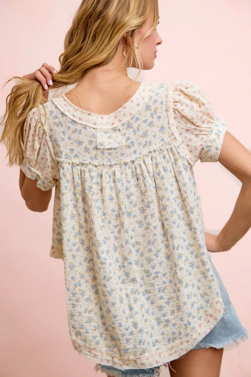 BiBi Floral Crinkle Neckdrop Short Sleeve Blouse Top - Floral / S