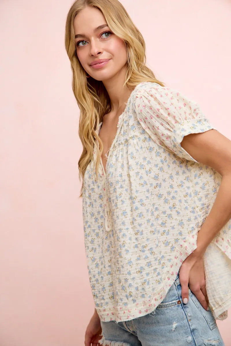 BiBi Floral Crinkle Neckdrop Short Sleeve Blouse Top - Floral / S