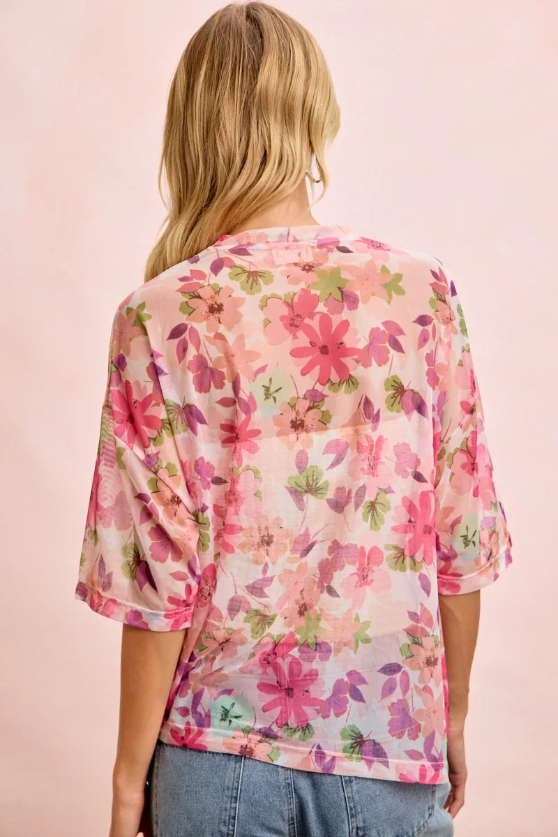 BiBi Floral Print Short Sleeves Boxy Mesh Top - PINK / S