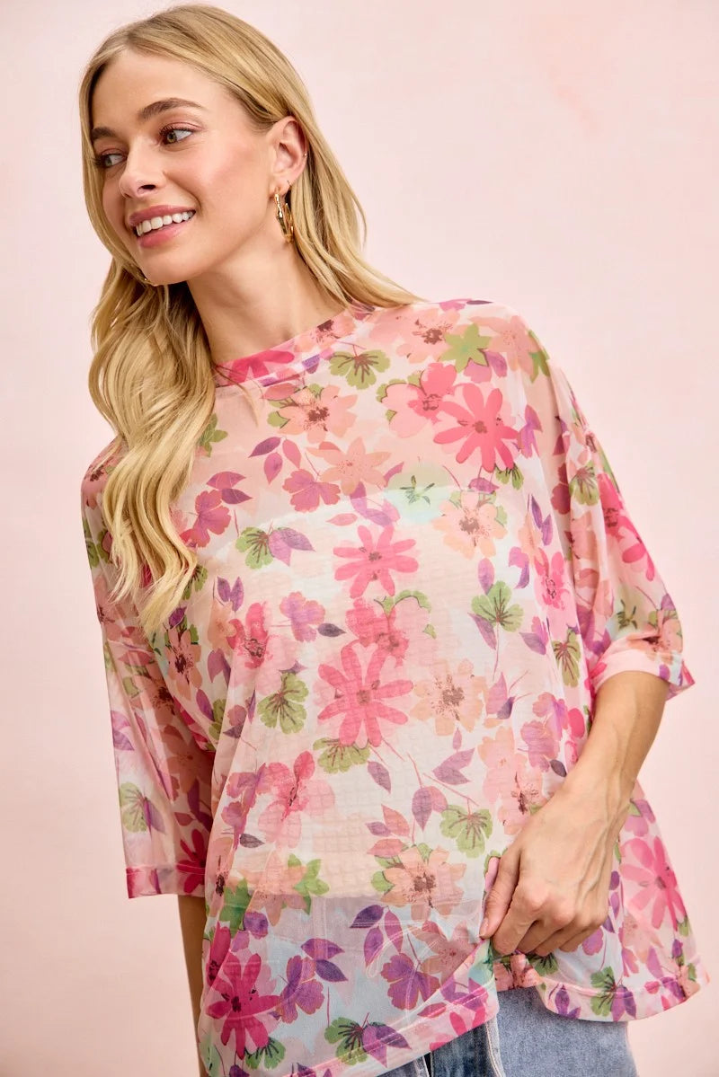 BiBi Floral Print Short Sleeves Boxy Mesh Top - PINK / S