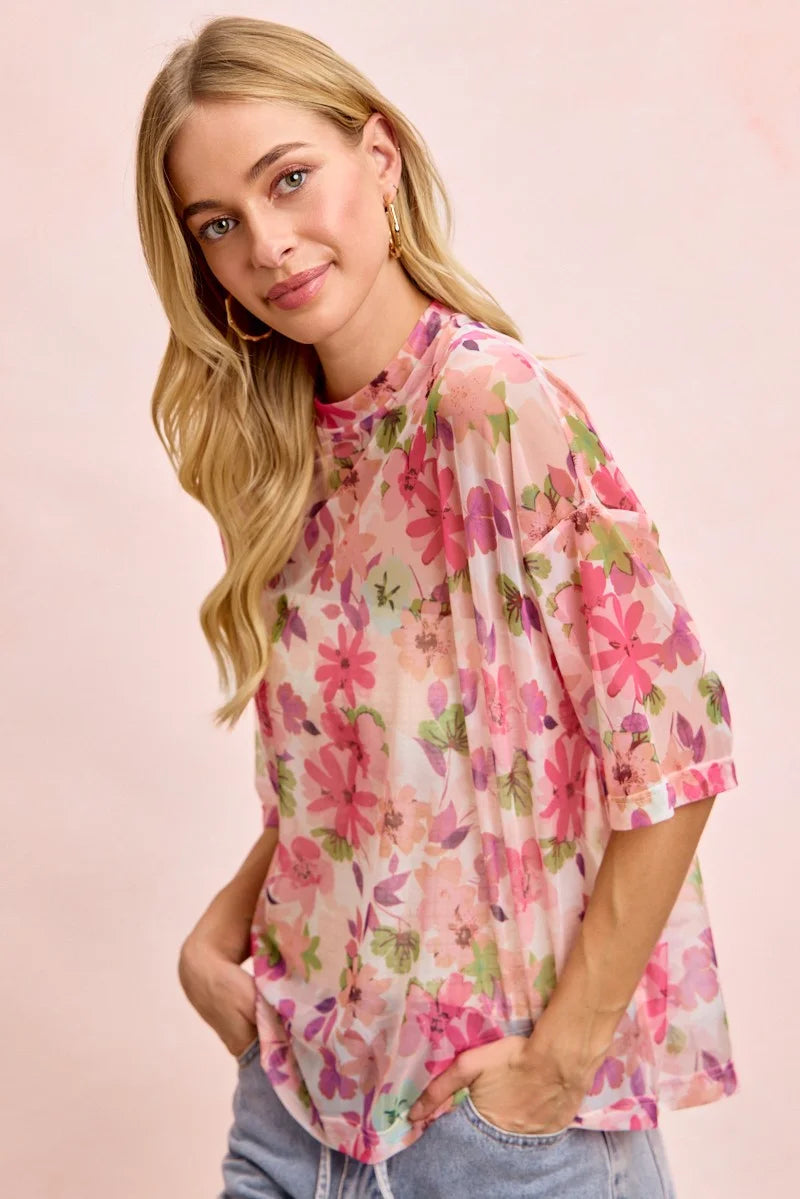BiBi Floral Print Short Sleeves Boxy Mesh Top - PINK / S