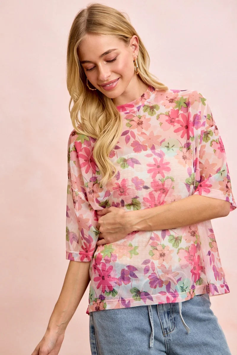 BiBi Floral Print Short Sleeves Boxy Mesh Top - PINK / S