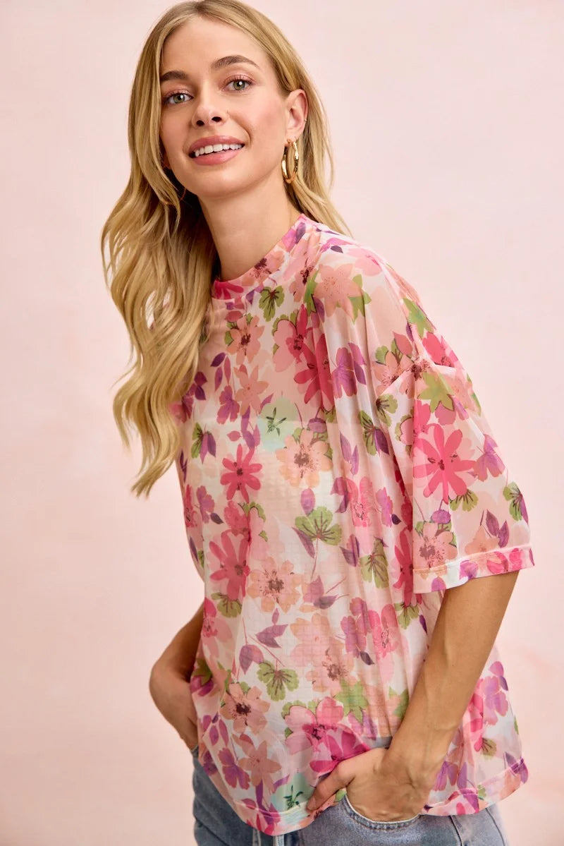 BiBi Floral Print Short Sleeves Boxy Mesh Top - PINK / S
