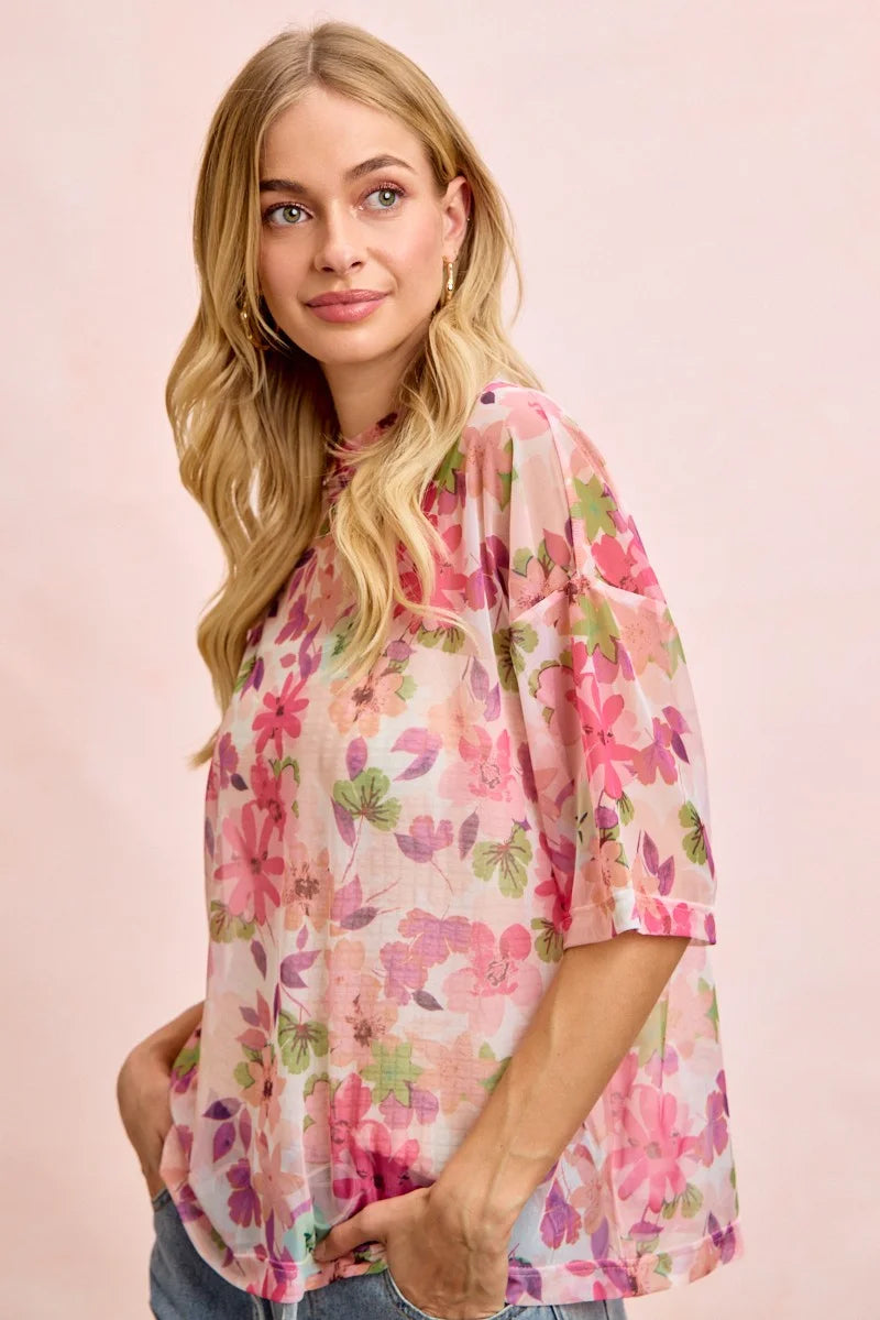 BiBi Floral Print Short Sleeves Boxy Mesh Top - PINK / S