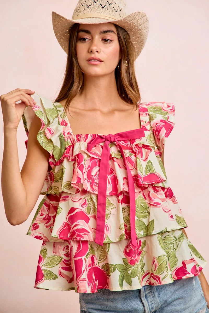BiBi Floral Print Woven Bow Tie Ruffle Square Neck Top - Floral / S