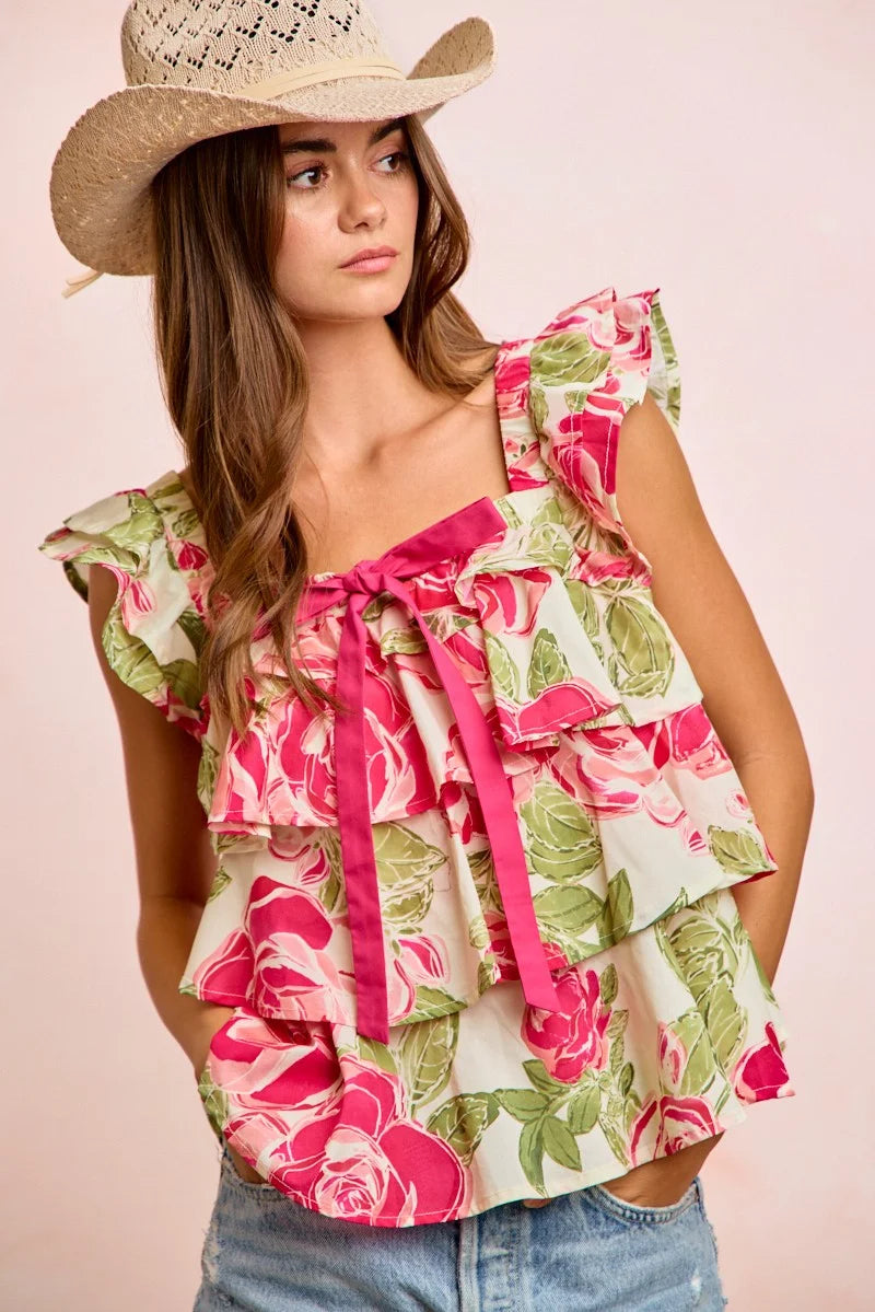 BiBi Floral Print Woven Bow Tie Ruffle Square Neck Top - Floral / S
