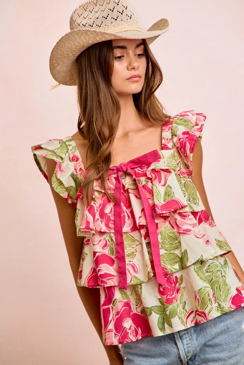BiBi Floral Print Woven Bow Tie Ruffle Square Neck Top - Floral / S