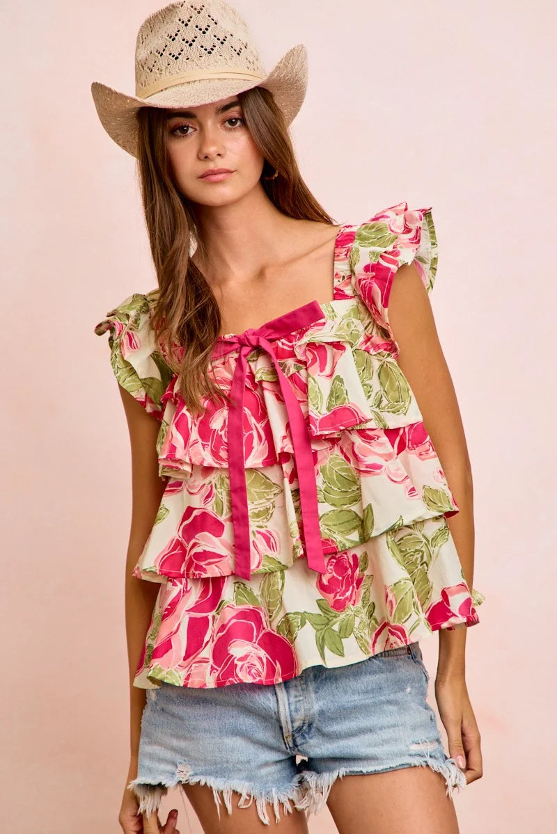 BiBi Floral Print Woven Bow Tie Ruffle Square Neck Top - Floral / S