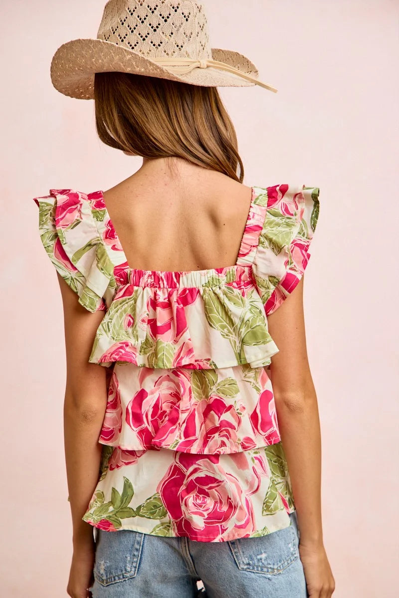 BiBi Floral Print Woven Bow Tie Ruffle Square Neck Top - Floral / S