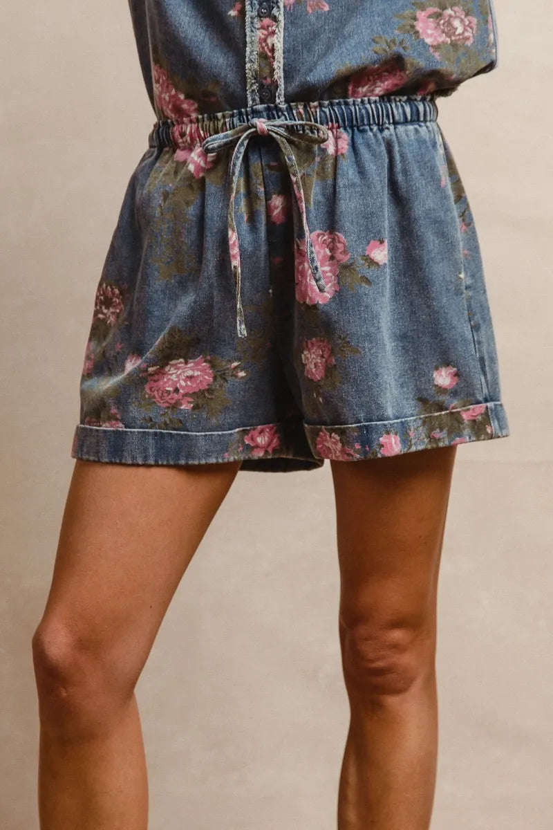 BiBi Floral Printed Denim Short Pants With Pocket - DENIM / S
