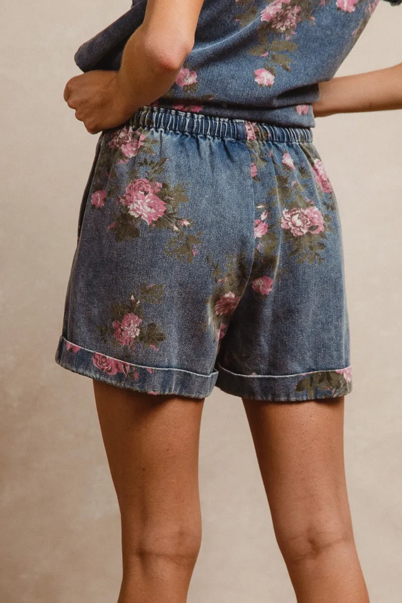BiBi Floral Printed Denim Short Pants With Pocket - DENIM / S