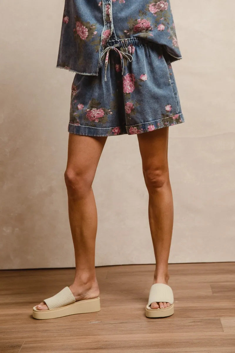 BiBi Floral Printed Denim Short Pants With Pocket - DENIM / S