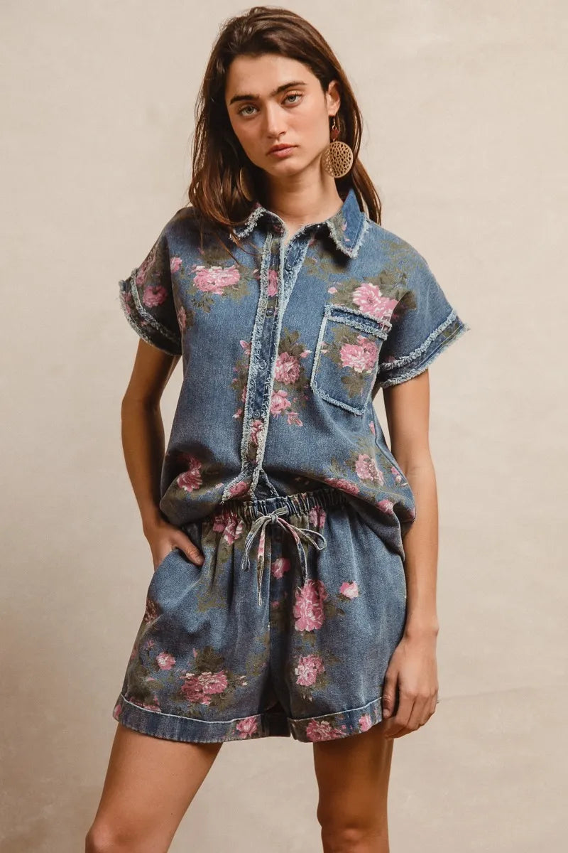 BiBi Floral Printed Denim Short Pants With Pocket - DENIM / S