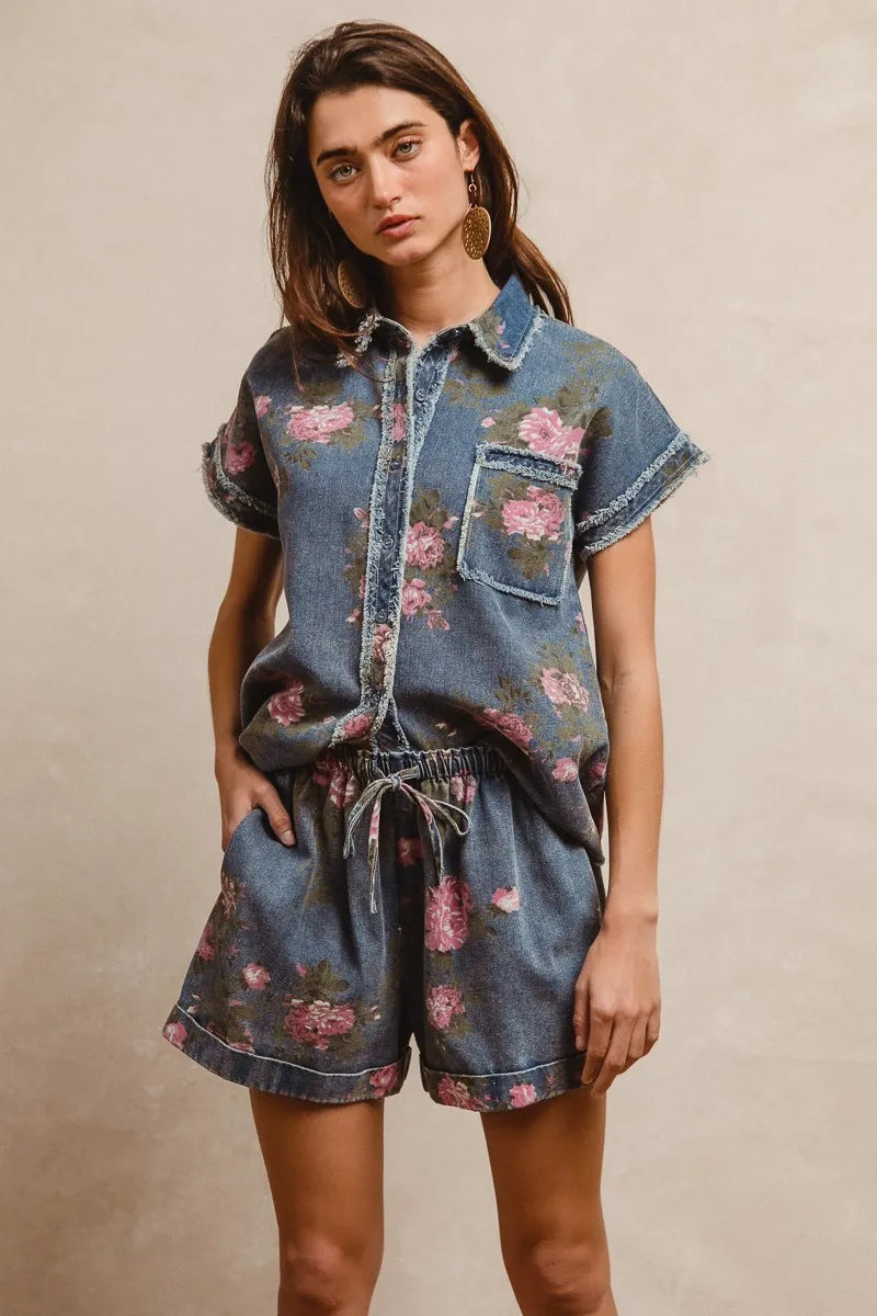 BiBi Floral Printed Denim Short Pants With Pocket - DENIM / S