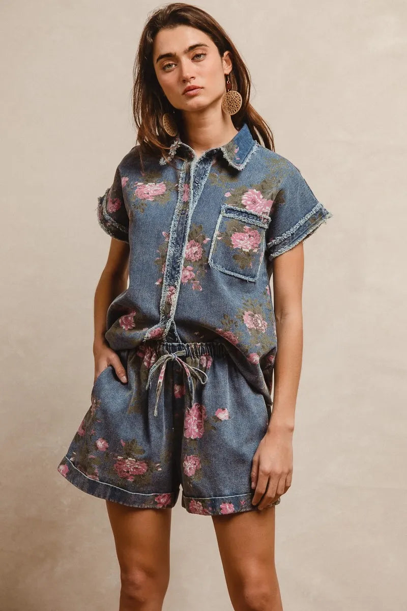BiBi Floral Printed Denim Short Pants With Pocket - DENIM / S