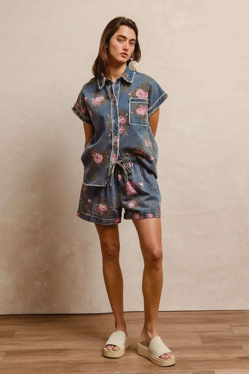 BiBi Floral Printed Denim Short Pants With Pocket - DENIM / S