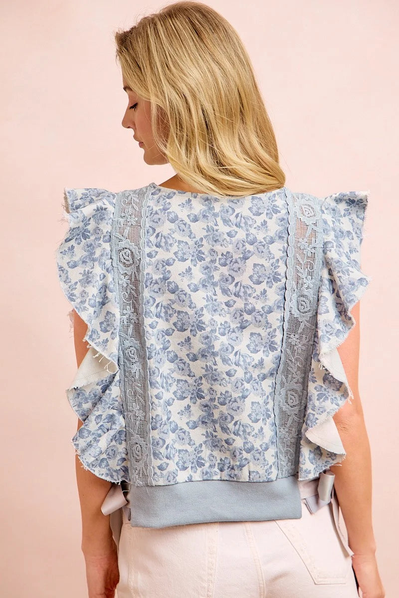 BiBi Floral Printed Twill Lace Trim Detail Side Bow Tied Top - Denim / S