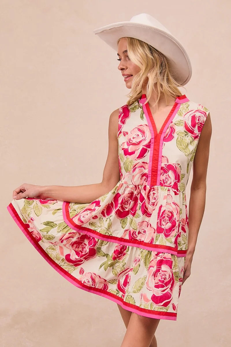 BiBi Floral Woven Contrast Edge Tiered Ruffle Mini Dress - CORAL / S