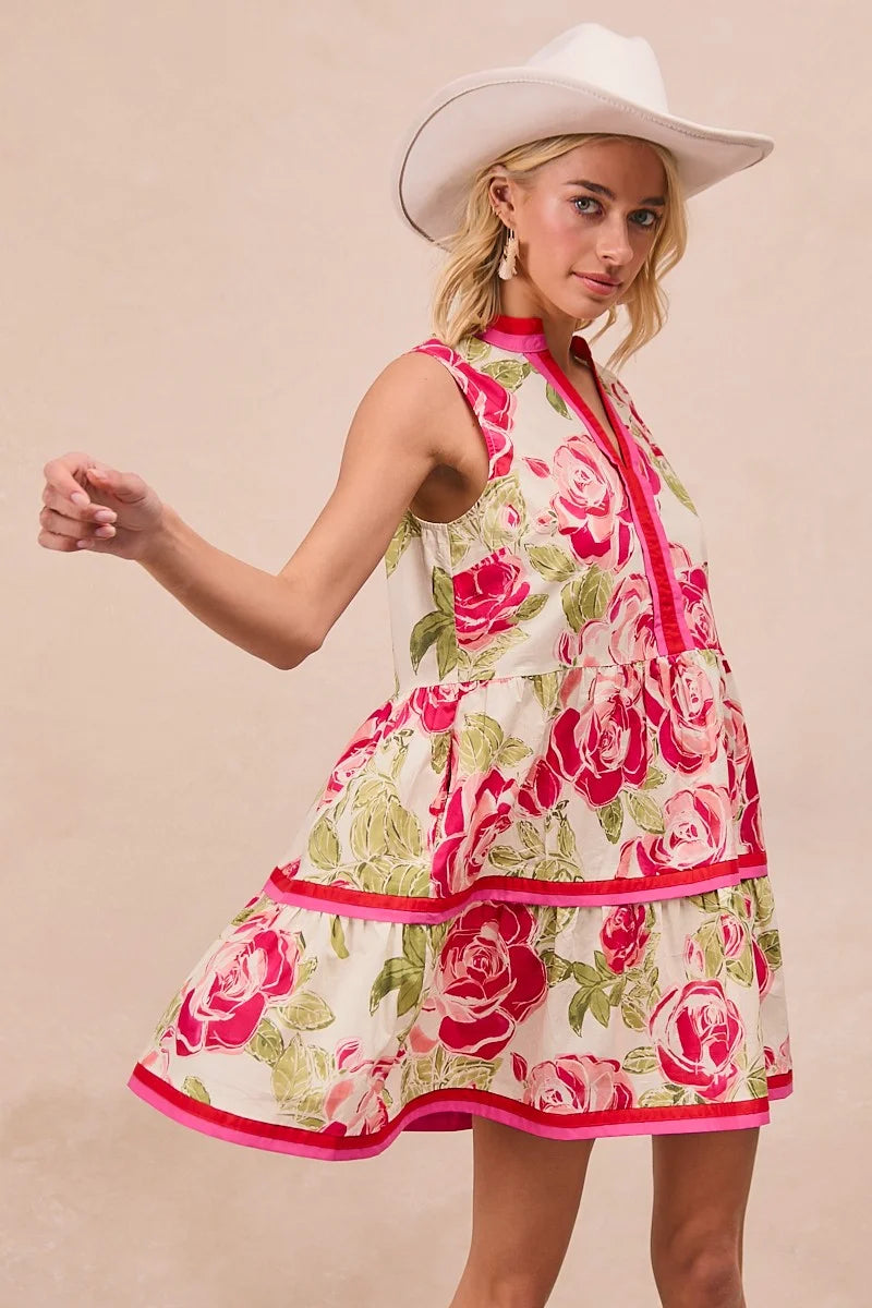 BiBi Floral Woven Contrast Edge Tiered Ruffle Mini Dress - CORAL / S