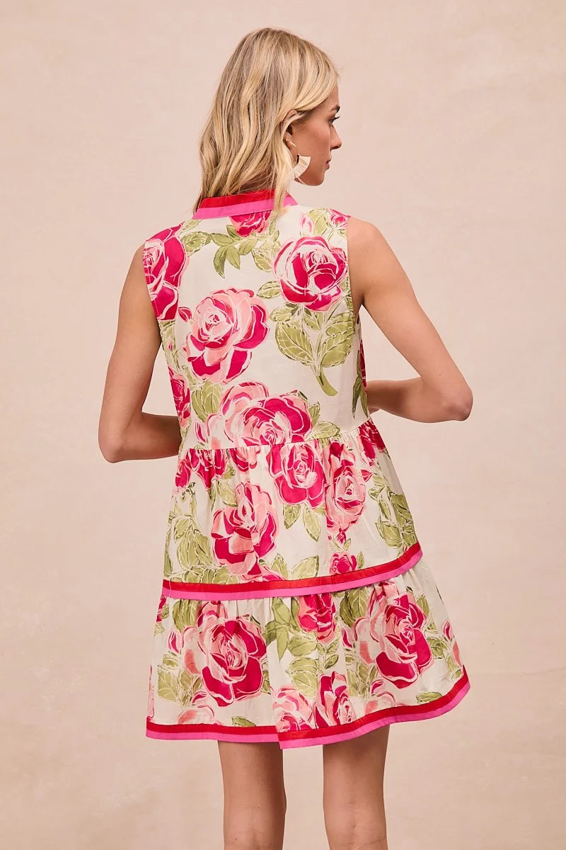 BiBi Floral Woven Contrast Edge Tiered Ruffle Mini Dress - CORAL / S