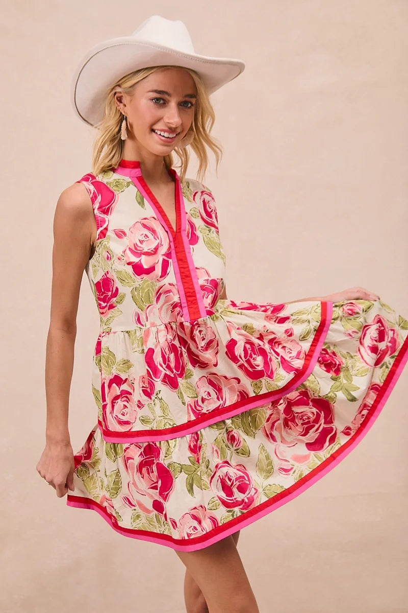 BiBi Floral Woven Contrast Edge Tiered Ruffle Mini Dress - CORAL / S