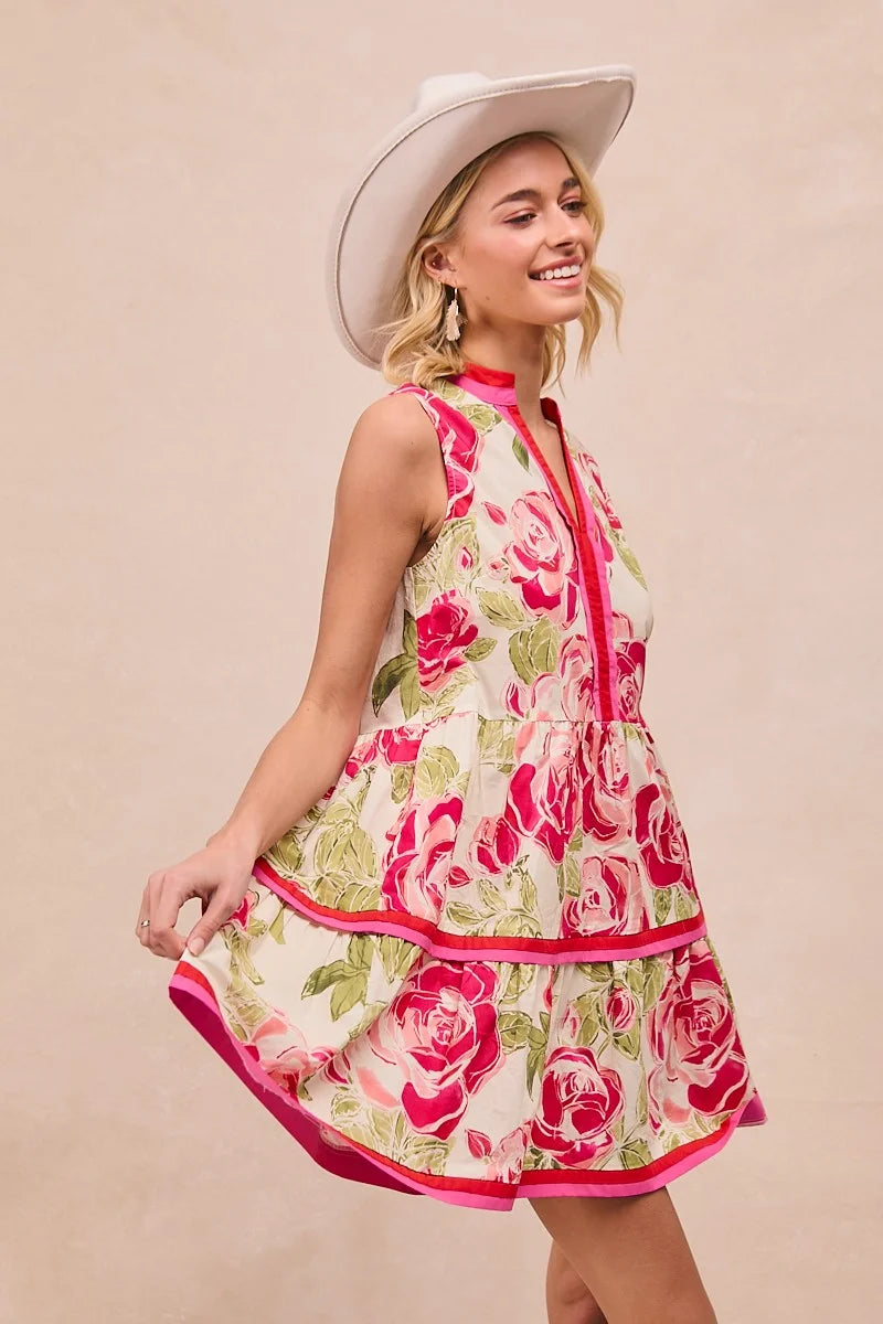 BiBi Floral Woven Contrast Edge Tiered Ruffle Mini Dress - CORAL / S