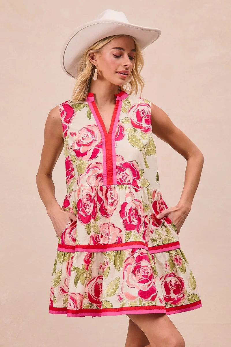 BiBi Floral Woven Contrast Edge Tiered Ruffle Mini Dress - CORAL / S