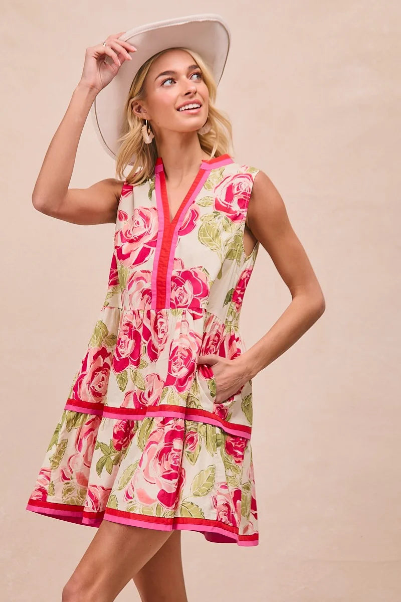 BiBi Floral Woven Contrast Edge Tiered Ruffle Mini Dress - CORAL / S