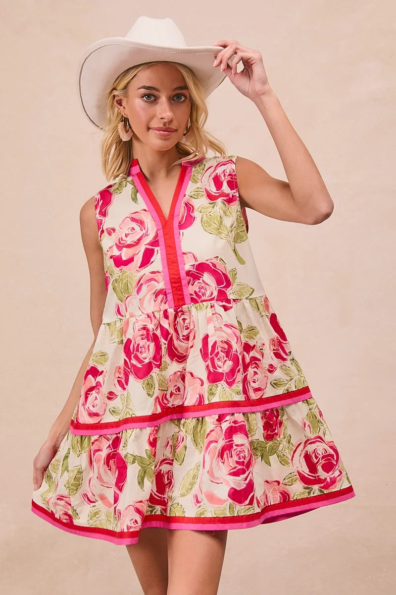 BiBi Floral Woven Contrast Edge Tiered Ruffle Mini Dress - CORAL / S