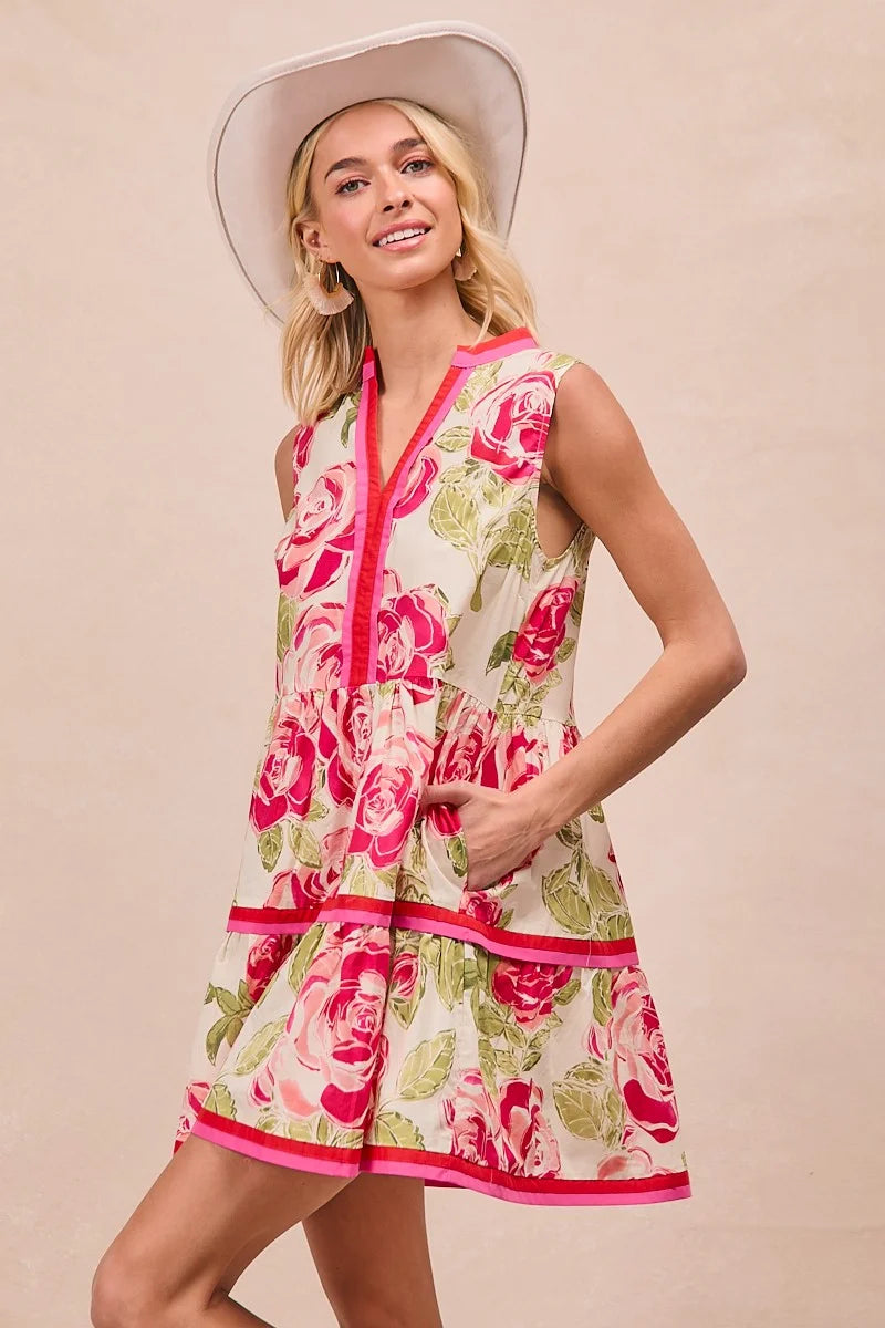 BiBi Floral Woven Contrast Edge Tiered Ruffle Mini Dress - CORAL / S