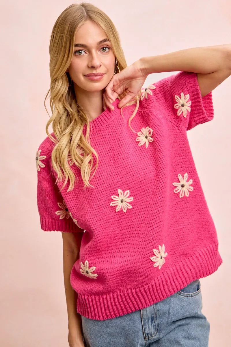 BiBi Flower Embroidered Short Sleeves Knit Top - Fuchsia/Lemon / S