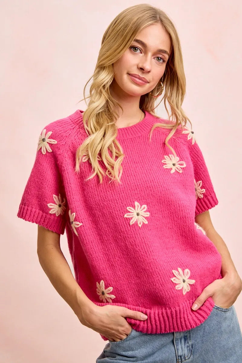 BiBi Flower Embroidered Short Sleeves Knit Top - Fuchsia/Lemon / S