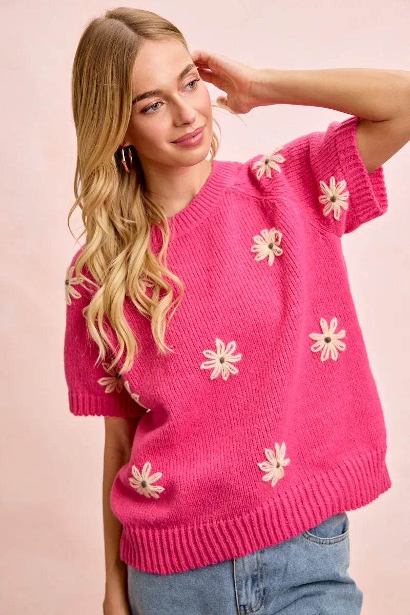 BiBi Flower Embroidered Short Sleeves Knit Top - Fuchsia/Lemon / S