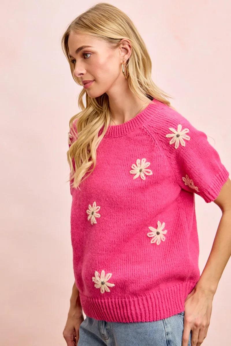 BiBi Flower Embroidered Short Sleeves Knit Top - Fuchsia/Lemon / S