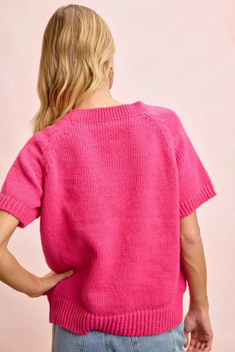 BiBi Flower Embroidered Short Sleeves Knit Top - Fuchsia/Lemon / S