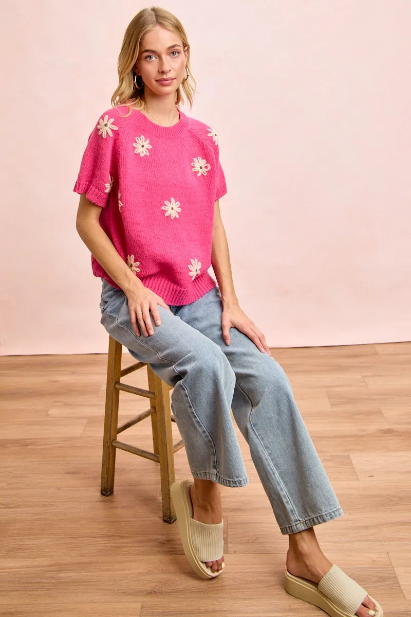 BiBi Flower Embroidered Short Sleeves Knit Top - Fuchsia/Lemon / S