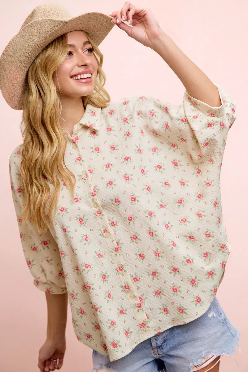 BiBi Flower Printed Short Dolman Blouse Top - Red Flower / S