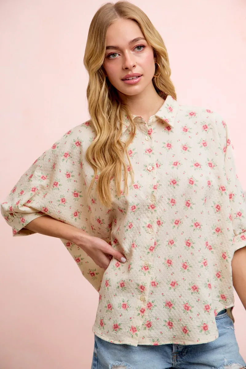 BiBi Flower Printed Short Dolman Blouse Top - Red Flower / S