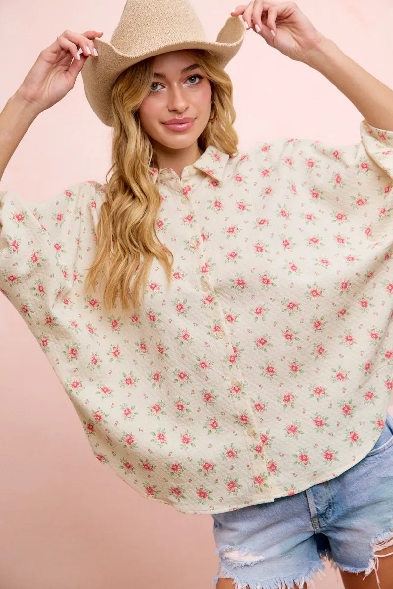 BiBi Flower Printed Short Dolman Blouse Top - Red Flower / S