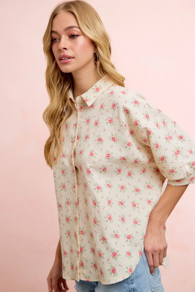 BiBi Flower Printed Short Dolman Blouse Top - Red Flower / S