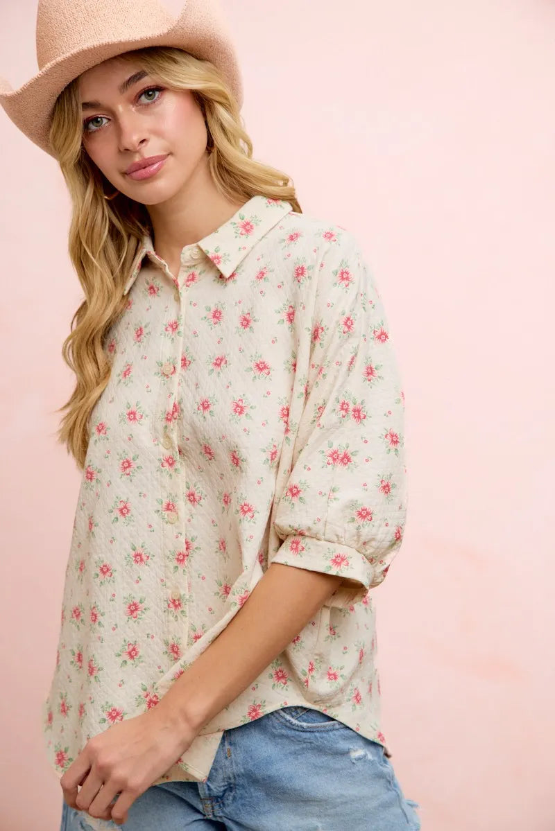 BiBi Flower Printed Short Dolman Blouse Top - Red Flower / S