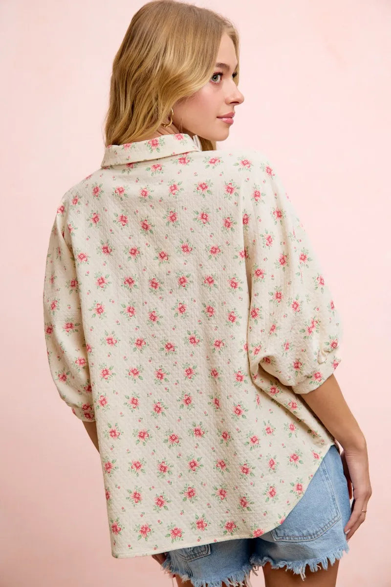 BiBi Flower Printed Short Dolman Blouse Top - Red Flower / S