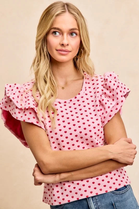 BiBi Heart Patterned Knit Ruffled Sleeves Top - PINK/RED / S