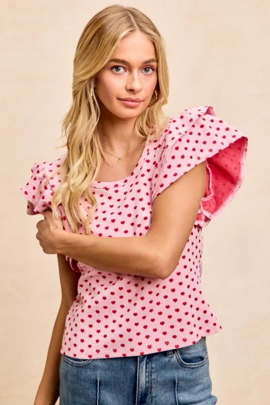 BiBi Heart Patterned Knit Ruffled Sleeves Top - PINK/RED / S